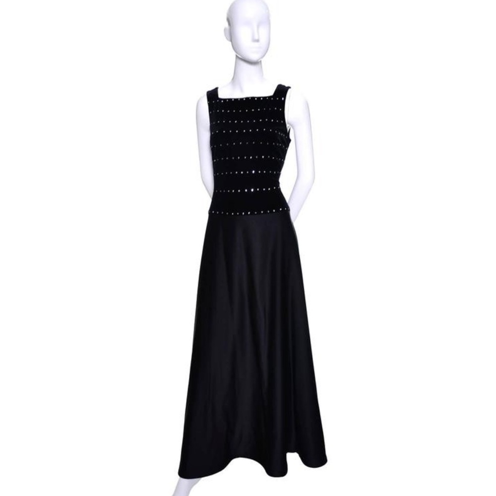 Tadashi Shoji Vintage Dress Black Satin Velvet Evening Gown Rhinestones petite 6
